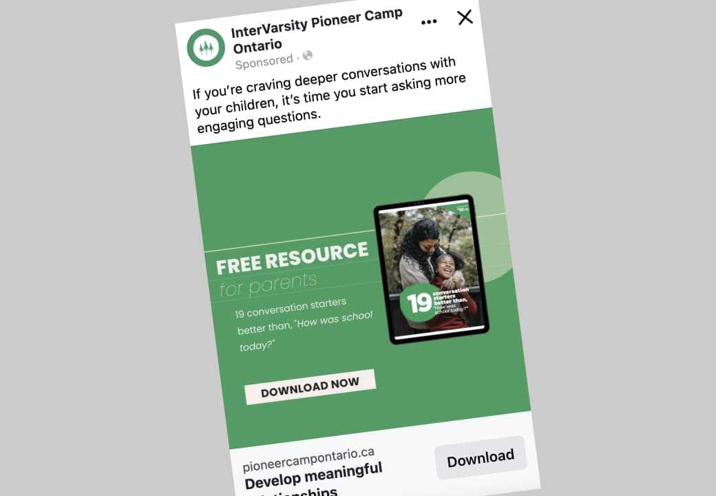 A facebook ad sample for Intervarsity Pioneer camp Ontario.